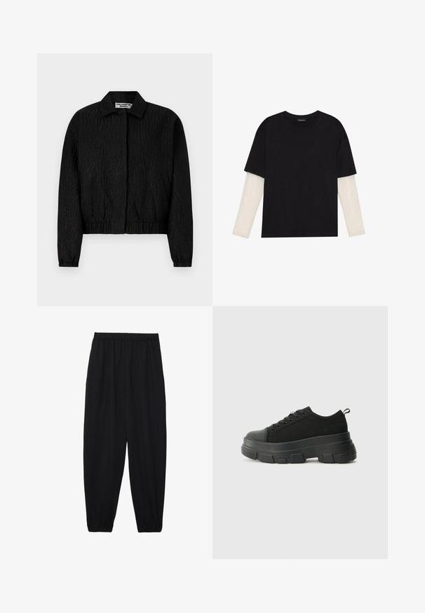 Čierna bomber bunda z textúrnej látky s vlnitými vzormi, s golierom a elastickými manžetami a pásom. Značka viditeľná na golieri.; Čierne tričko z bavlny, s krátkymi rukávmi cez biele tričko s dlhým rukávom, s jemným textúrovaným vzorom. Design s okrúhlym výstrihom.; Čierne, ľahké nohavice s elastickým pásom a zúženými nohavicami. Tkanina je hladká a má voľný, zúžený strih.; Čierne tenisky s masívnou gumovou podrážkou, textúrovaným textilným zvrškom, okrúhlou špičkou a šnurovaním. Obsahujú spevnené očká a zadný úchop.