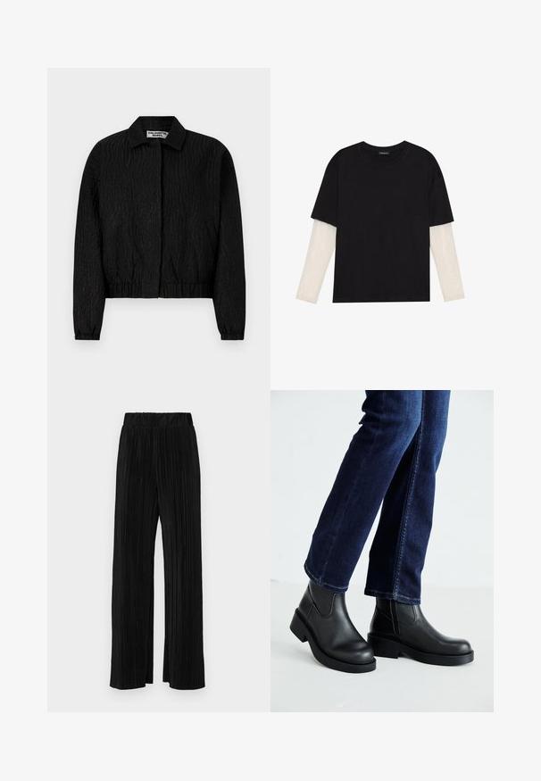 Schwarze Bomberjacke aus strukturiertem Stoff mit Wellenmustern, einem Kragen und elastischen Bündchen sowie Saum. Markenlabel am Kragen sichtbar.; Schwarzes T-Shirt aus Baumwolle mit kurzen Ärmeln über einer weißen Langarmschicht, die ein dezentes strukturiertes Muster aufweist. Rundhalsausschnitt.; Schwarze plissierte Hose mit elastischem Bund. Verfügt über weite Hosenbeine und einen glatten, strukturierten Stoff mit vertikalen Streifen.; Schwarze Lederstiefeletten mit einer dicken Sohle und seitlichen Elastikeinsätzen, kombiniert mit dunkelblauen Jeans. Der Boden ist hellfarbig.