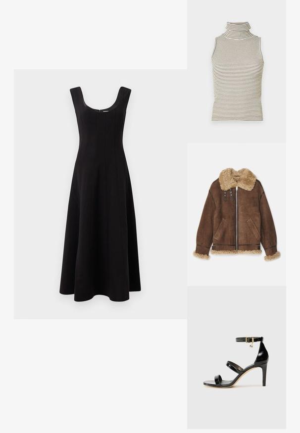 Bally Lederjacke - midbrown/beige; Schwarzes Kleid mit Rundhalsausschnitt, ärmellosem Design und ausgestellter A-Linie Silhouette. Verfügt über vertikale Nahtdetails für Struktur.; Ärmelloses Rollkragenoberteil mit vertikalen schwarz-weißen Streifen, hergestellt aus einem strukturierten Strickstoff und mit einem hohen, eng anliegenden Kragen.; Schwarze Lackleder-Sandale mit drei Riemen, Knöchelriemen und 10 cm hohen Stiletto-Absatz. Verfügt über goldfarbene Hardware-Details und ein Logo-Charm.