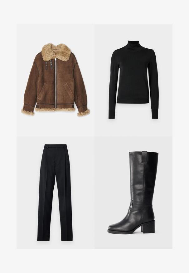 Bally Leren jas - midbrown/beige; Zwarte trui met lange mouwen en col, voorzien van geribde manchetten en zoom, weergegeven op een effen witte achtergrond.; Zwarte broek gemaakt van gladde stof met een hoge taille, wijde benen, voorplooien en klassieke ceintuurlussen. Geen zijzakken zichtbaar.; Zwarte leren kniehoge laarzen met een gladde textuur, vierkante neus, blokhak en zijhandvat, met minimale stikseldetails.