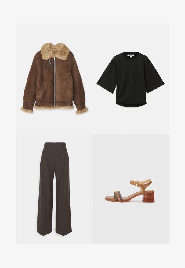 Bally Giacca di pelle - midbrown/beige; T-shirt nera a maniche corte realizzata in morbido cotone, con scollo rotondo e vestibilità comoda, caratterizzata da un sottile dettaglio arricciato sul lato.; Pantaloni ampi marrone scuro con vita alta, caratterizzati da pieghe ben stirate, una texture liscia e una vestibilità su misura.; Sandalo con tacco color cammello e punta quadrata, due cinturini marrone scuro e una fibbia dorata. Presenta un tacco a blocco impilato e una texture in pelle liscia.