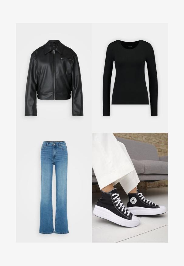 Crna kožna skraćena jakna s prednjim patentnim zatvaračem, širokim ovratnikom i jednim patentnim zatvaračem na prsnom džepu. Glatka tekstura s minimalnim detaljima.; Crna majica s dugim rukavima izrađena od rebraste tkanine. Ima okrugli izrez i uski kroj. Jednostavan dizajn bez uzoraka ili naglasaka.; Traperice s visokim strukom, plave boje, široke i izrezane na rubovima, s glatkom teksturom i prošivenim prednjim džepovima.; Crne tenisice visoke košarke s bijelim gumenim potplatom i vezicama. Imaju okruglu logotipsku zakrpu i kontrastni bijeli šav. Materijal od platna.