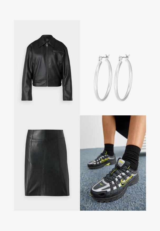 Schwarze Lederjacke in Cropped-Form mit einem Reißverschluss vorne, breitem Kragen und einer einzelnen Reißverschlusstasche auf der Brust. Glatte Textur mit minimaler Gestaltung.; Zwei Baumwoll-Crop-Tops in Weiß und Schwarz. Jedes hat einen tiefen Ausschnitt und dünne Träger und verfügt über eine glatte, weiche Textur.; Schwarzer Lederrock mit taillierter Passform. Glatte Textur, Nähte, die die Form betonen, und ein gerader Saum. Minimalistische und elegante Optik.; Schwarze und graue Sportschuhe mit reflektierenden silbernen Akzenten, strukturierten Mesh-Panels und leuchtend gelben Details. Schnürdesign mit strukturierter Sohle.; Silberne Creolen mit einer glatten, polierten Oberfläche. Runder Form und sicherem Klickverschluss. Leichtes Design, geeignet für den täglichen Gebrauch.