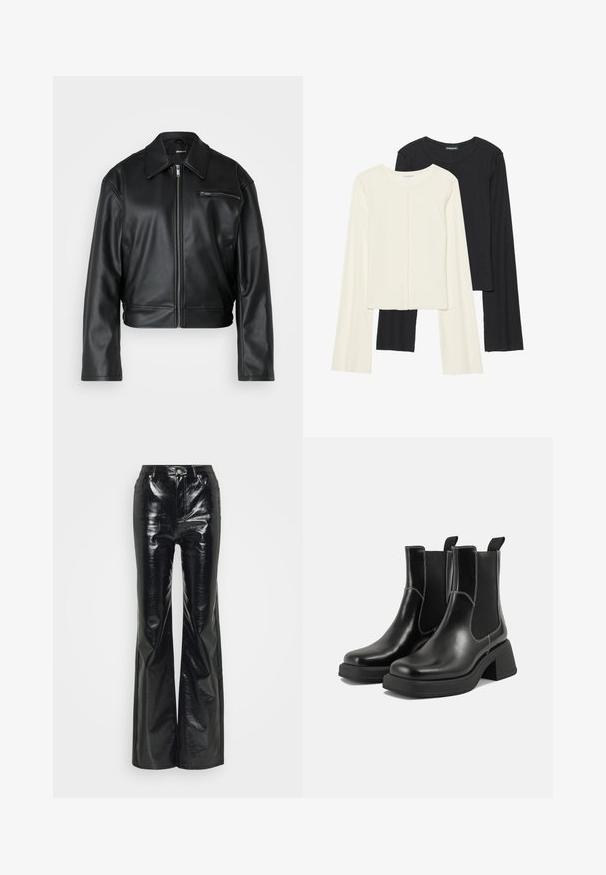 Černá kožená zkrácená bunda s předním zipem, širokým límcem a jednou kapsou na zip na hrudi. Hladká textura s minimálními detaily.; Souprava dvou dlouhých rukávů v bílé a černé barvě. Hladká textura, kulatý výstřih, upnutý střih s mírně rozšířenými rukávy.; Černé kalhoty z umělé kůže se širokými nohavicemi a lesklým povrchem, s vysokým pasem, předními kapsami a stříbrnými kovovými detaily.; Černé kožené chelsea boty s masivním podpatkem, elastickými bočními panely a kontrastním bílým prošitím. Texturovaný povrch.