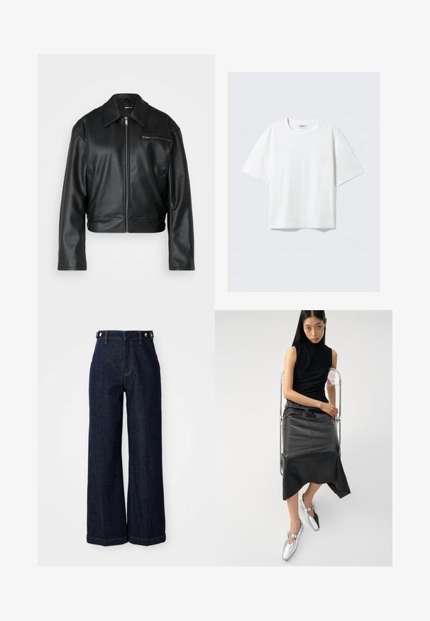 Czarna skórzana kurtka o skróconym kroju z zamkiem błyskawicznym z przodu, szerokim kołnierzem i jedną kieszenią na zamek na piersi. Gładka faktura z minimalnymi detalami.; Biała krótka koszulka z miękkiej bawełny, z okrągłym dekoltem i luźnym krojem, z prostym wykończeniem, gładka, bez wzorów i grafik.; Ciemnoniebieskie szerokie dżinsy wykonane z denimu, z wysokim stanem, pięcioma kieszeniami i kontrastującymi pomarańczowymi przeszyciami.; Czarny top bez rękawów, dopasowana czarna skórzana spódnica z falowanym dołem oraz błyszczące srebrne buty z wycięciami i detalem w postaci klamry.