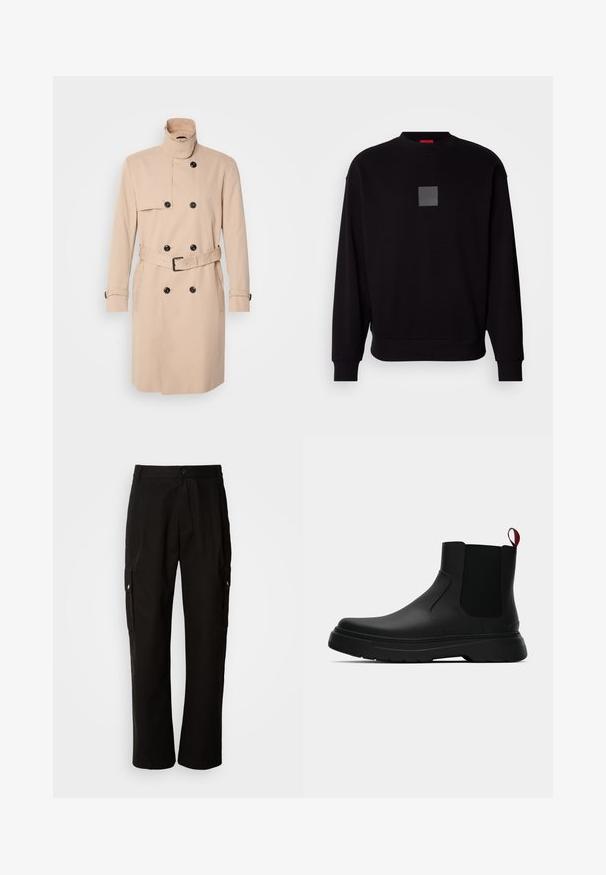 Beżowy trencz z wysokim kołnierzem, podwójnym zapięciem, czarnymi guzikami i paskiem w talii. Gładki materiał z długimi rękawami.; Czarna bluza z długimi rękawami, okrągłym dekoltem, szarym kwadratowym logo z przodu, miękką teksturą oraz ribbowymi mankietami i dołem.; Czarne spodnie cargo wykonane z bawełny, o luźnym kroju, z bocznymi kieszeniami, z zapięciem na guzik i prostymi nogawkami. Prosty design bez wzorów.; Czarny botek za kostkę o gładkim wykończeniu, z elastycznymi bocznymi panelami i kontrastującą czerwoną pętelką, z grubą gumową podeszwą i zaokrąglonym noskiem.