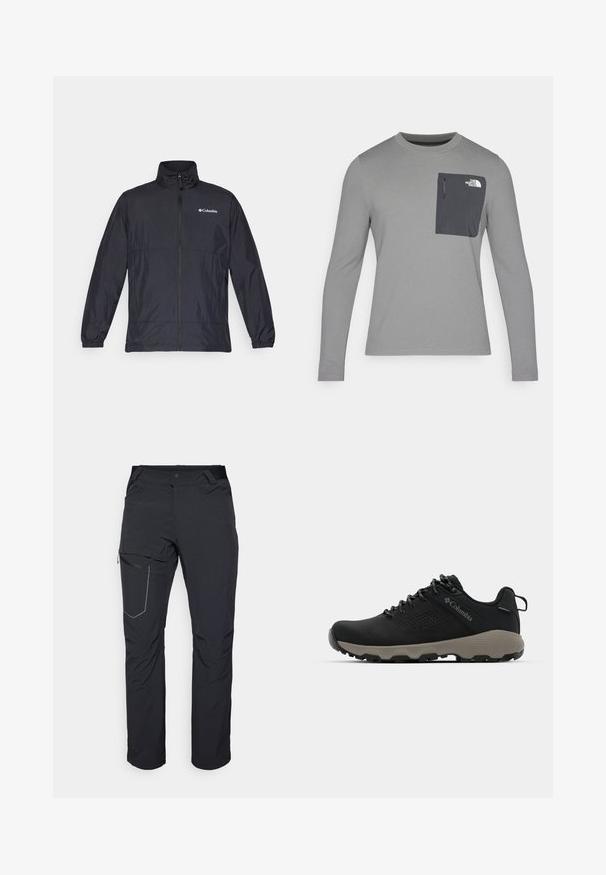 Veste légère noire avec un col montant, fermeture éclair sur le devant, poignets élastiques et un logo sur la poitrine gauche. Tissu lisse, résistant à l'eau.; Chemise à manches longues grise en tissu texturé, dotée d'une poche poitrine gris foncé et d'une fermeture éclair. Logo blanc sur la poche.; Pantalon d'extérieur noir avec poche sur la cuisse zippée, taille élastique et tissu lisse, résistant à l'eau. Design épuré sans logos visibles.; Chaussure de randonnée noire avec une tige lisse, un design perforé, une semelle extérieure grise et un talon renforcé. Comprend des lacets et une languette pour un enfilage facile.
