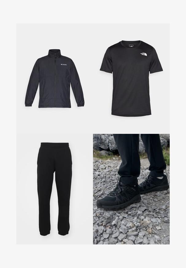 Veste légère noire avec un col montant, fermeture éclair sur le devant, poignets élastiques et un logo sur la poitrine gauche. Tissu lisse, résistant à l'eau.; T-shirt noir à manches courtes en tissu texturé, avec un petit logo blanc sur la partie supérieure gauche de la poitrine, encolure ronde.; Pantalons de survêtement noirs en mélange de coton, dotés d'une taille élastique, de jambes fuselées et de poignets côtelés au niveau des chevilles. Design simple, sans motifs.; Chaussures d'extérieur noires en matériau synthétique et en maille, présentant une tige texturée, un système de lacets sécurisé et une semelle extérieure robuste, sur un terrain rocailleux.
