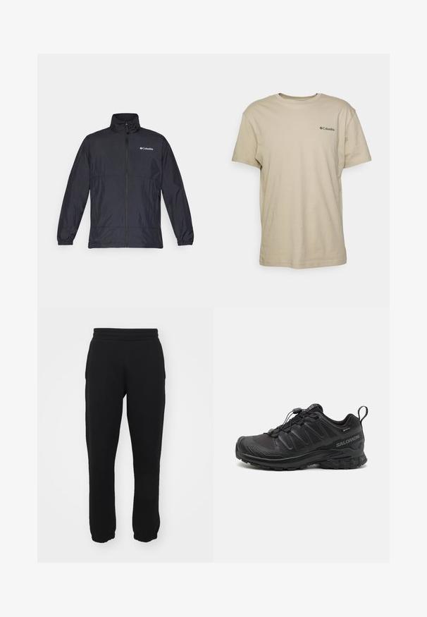 Melna viegla jaka ar augstu apkakli, pilnu rāvējslēdzēju priekšā, elastīgām piedurknēm un logotipu kreisajā krūtī. Gluda, ūdensizturīga auduma.; Bežs kokvilnas T-krekls ar īsām piedurknēm, apaļu kakla izgriezumu un mazu melnu logotipu kreisajā krūšu pusē. Gluda tekstūra, ikdieniška dizains.; Melnas sporta bikses, izgatavotas no kokvilnas maisījuma, ar elastīgu jostu, sašaurinātām kājām un ribotām aprocēm pie potītēm. Vienkāršs dizains, bez rakstiem.; Melna sporta apava ar teksturētu sintētisku augšdaļu, ar mīkstinātu zoli un ātru saslēgšanas sistēmu. Iezīmēts ar pastiprinātu purngala un papēža daļu.