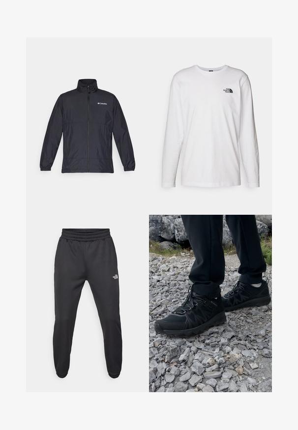 Svart lett jakke med høy krage, hel glidelås foran, elastiske mansjetter og logo på venstre bryst. Glatt, vannavvisende stoff.; Hvit langermet T-skjorte laget av bomull med rund hals. Har en liten svart logo på brystet. Glatt tekstur, vanlig passform.; Sorte joggebukser med snor i livet, tettsittende passform, elastiske mansjetter og en liten hvit logo på venstre lår, laget av glatt materiale.; Sorte utendørssko i svart med mesh og syntetisk materiale, med en teksturert overdel, sikret snøresystem og en robust såle, på steinete terreng.