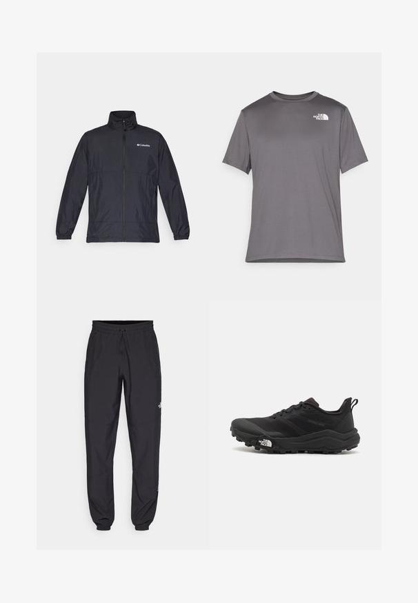 Veste légère noire avec un col montant, fermeture éclair sur le devant, poignets élastiques et un logo sur la poitrine gauche. Tissu lisse, résistant à l'eau.; T-shirt de sport gris à manches courtes en tissu lisse et léger. Présente un logo blanc sur la zone gauche de la poitrine. Col rond.; Pantalon de sport noir en tissu léger, avec une taille à cordon, des poches latérales et des chevilles resserrées.; Chaussure de trail running noire avec une tige texturée, semelle en caoutchouc et bout renforcé. Présente un col rembourré et une tirette pour un enfilage facile.