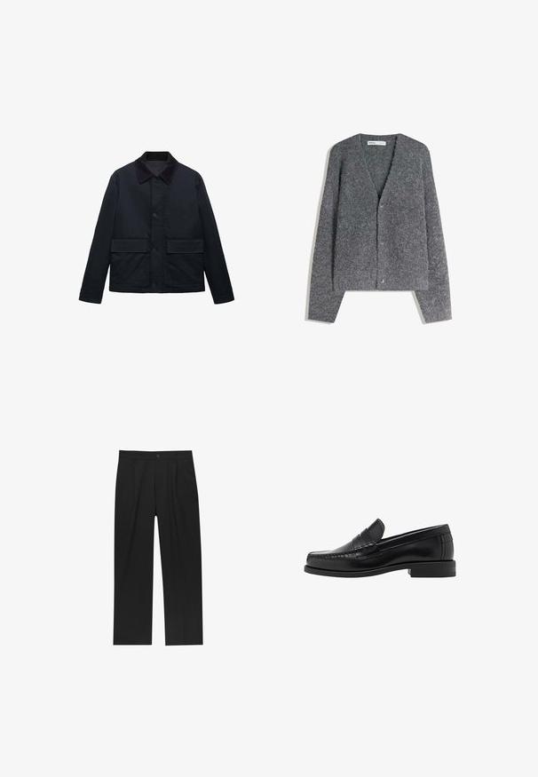 Mornarska jakna iz teksturiranega blaga s korduroj ovratnikom, sprednjimi gumbi in dvema velikima horizontalnima žepoma. Enostavna, ravna zasnova.; Siv kardigan iz volne z V-izrezom, dolgimi rokavi, zapiranjem na gumbe in mehkim, teksturiranim zaključkom. Brez vidnih vzorcev ali dodatkov.; Bela bombažna majica s kratkimi rokavi, okroglim izrezom, sproščenim krojem in brez vidnih logotipov ali vzorcev. Gladka tekstura in minimalen dizajn.; Črne hlače z ravnim krojem, narejene iz gladkega materiala. Imajo sprednje gube in enojno zaponko na pasu.; Črne usnjene loafer čevlje z gladko površino, šivani detajli na prstu in nizka peta za udobje in stil.