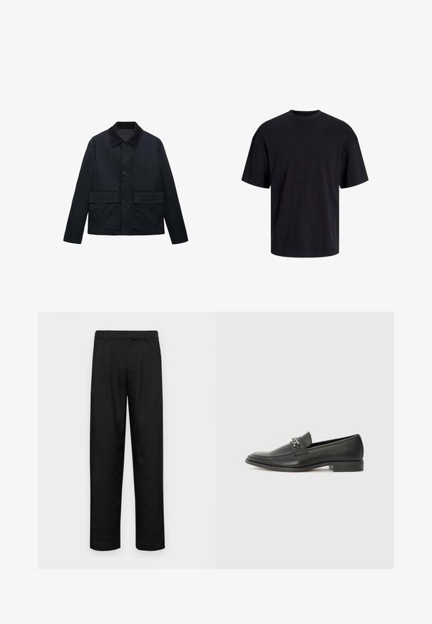 Marinblå jacka i texturerat tyg med en kordflöjelskra, framknappar och två stora horisontella fickor. Enkel, rak skärning.; Svart bomullströja med rundad halsringning, korta ärmar och avslappnad passform. Slät textur utan synliga mönster eller detaljer.; Svarta byxor i slät väv, med rak ben-design, två framfickor och standardmidja med bälteshällor.; Svart läderloafers med en slät yta, med en sydd design och en dekorativ metallkedjeaccent över västen. Platt häldesign.