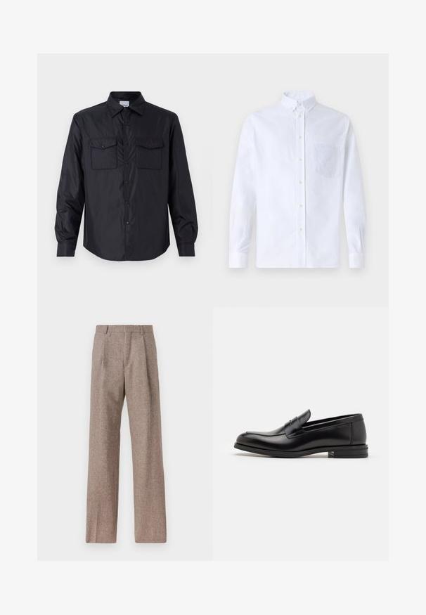 ASPESI Allvädersjacka - nero; Vit långärmad skjorta med knappar, tillverkad av bomull, med en bröstficka med ton-i-ton broderi, krage och knappmanchetter.; Bruna, högmidjade byxor i texturerat tyg. Har vida ben och två framvikningar för struktur. Välavslutad utan synlig hårdvara.; Svarta läderloafers med en slät yta, rund tå och ett dekorativt band över främre delen. Låg staplad klack, minimalistisk design.