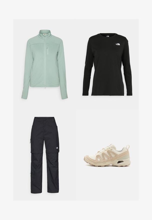 Világoszöld, cipzáros dzseki, texturált anyagból készült, magas gallérral, cipzáras mellzsebbel és lapos varrásokkal a karcsú megjelenésért.; Fekete, hosszú ujjú póló pamutból, kerek nyakkal. A bal mellrészen egy kis fehér logó található. Egyszerű dizájn és szabás.; Fekete nylon zipzáras cargo nadrág állítható mandzsettával, több zsebbel és logóval a jobb lábon. Simább, könnyű textúra.; Beige és krém színű sportcipő, texturált hálós felsőrésszel, támogató burkolattal és gumitalppal, amely tapadás érdekében bordázott mintázattal rendelkezik.
