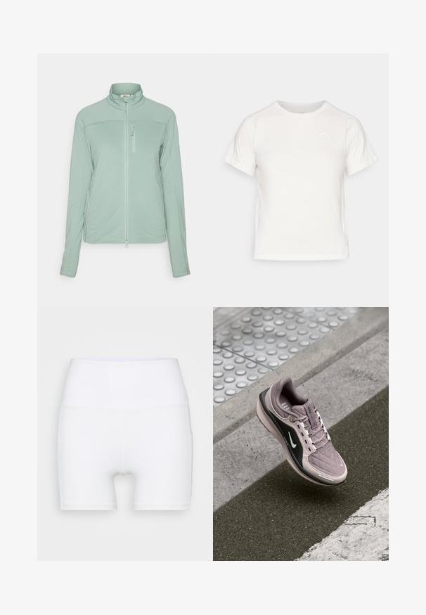 Heled roheline tõmblukuige jakk, mis on valmistatud tekstuuriga kangast, kõrge kraega, tõmblukuga rinnatasku ja siledate õmblustega, et saavutada voolujooneline välimus.; Kerge valge T-särk lühikeste varrukatega, ümmarguse kaelusega ja väikese logoga vasakus ülanurgas. Sile kangas, millel on õrn läige.; Valged kõrge vöökohaga lühikesed püksid, mis on valmistatud venivast kangast. Omab siledat tekstuuri ja mugavat lõiget, ilma lisamustrideta või -detailideta.; Heledad lilla sportking, millel on vatitud tekstuur, mustad külgaksendid ja valge logo. Varustatud paeltega ja mugava pehmendusega tallaga.