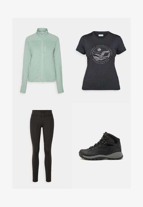 Lys grøn jakke med lynlås lavet af tekstureret stof, med høj krave, en lynlås brystlomme og flade sømme for et strømlinet look.; Sort Columbia t-shirt med hvid cirkulær bjerg- og flodlinjekunst samt teksten "Columbia Sportswear Company Udenfor Siden 1938."; Sorte leggings med høj talje, snøre, glat tekstur og tætsiddende design. Har syningsdetaljer langs siderne.; Sort vandrestøvle med en mellem-højde design, der har en tekstureret overdel, grå detaljer og en holdbar gummisål med skridsikre klodser.