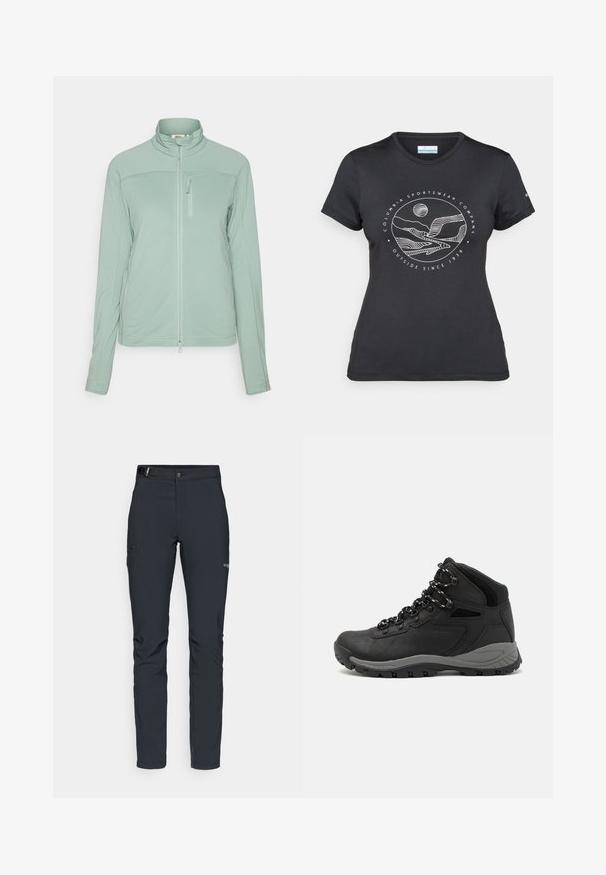 Light green zip-up jacket made of textured fabric, featuring a high collar, a zippered chest pocket, and flat seams for a streamlined look.; Black Columbia t-shirt with white circular mountain and river line art and text "Columbia Sportswear Company Outside Since 1938."; Men's outdoor pants, dark gray, made from flexible material, featuring a belt, zippered pockets, and reinforced stitching.; Black hiking boot with a mid-top design, featuring a textured upper, gray accents, and durable rubber sole with traction lugs.