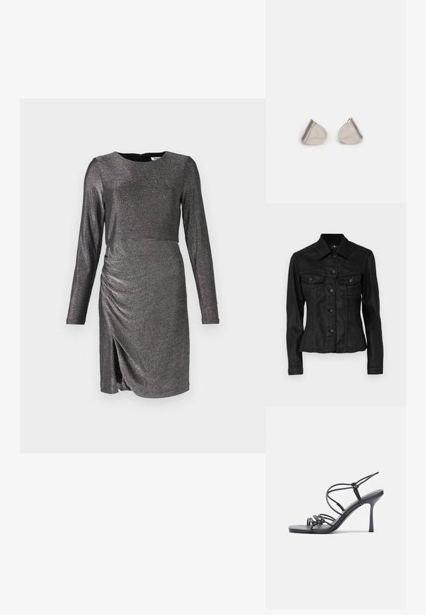 Musta farkkutakki, jossa on istuva muotoilu, kaksi rintataskua ja nappikiinnitys. Takissa on klassinen kaulus ja näkyvät ompeluyksityiskohdat.; Kimalainen tummanharmaa pitkähihaista mekkoa, jossa on pyöreä kaula-aukko, sivurypytys ja halkio helman kohdalla, luoden istuvan siluetin.; Mustat korkokengät sandaalit, joissa on ohuet hihnat solmittuna, sileä neliön muotoinen varvasosa ja tyylikäs stiletto-korko.; Hopea metalliset korvakorut, joissa on sileä, pisaramainen muoto ja kiillotettu pinta. Huomaamattomat kaiverrukset lisäävät yksityiskohtia. Minimalistinen muotoilu.