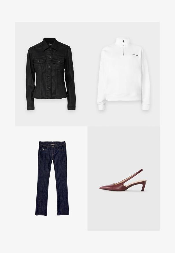 Svart denimjakke med en tett design, to brystlommer og knappestenging. Har en klassisk krage og synlige sømdetaljer.; Hvit genser med høy krage og halv glidelås. Har en liten svart logo på brystet og ribbestrikkede mansjetter. Glatt tekstur.; Mørkeblå denim jeans med rett ben-design, med knappelukking foran, fem lommer og synlige sømmer langs sømmene.; Burgunder slingback hæle med spids tå, udskårne detaljer på siden og en midt-højde blokhæle. Glat læderfinish.