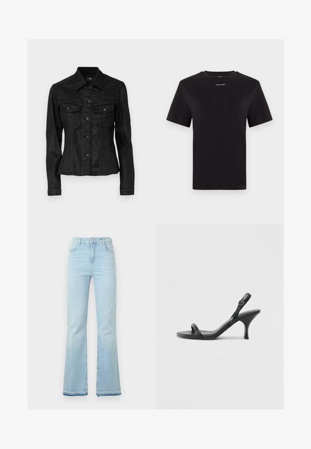 Svart denimjakke med en tett design, to brystlommer og knappestenging. Har en klassisk krage og synlige sømdetaljer.; Svart bomull T-skjorte med korte ermer, rund hals og liten hvit "Calvin Klein" logo på brystet. Glatt tekstur, klassisk passform.; Lyseblå flagrende jeans laget av denim, med høy midje, frontlommer og rå kant ved mansjettene for et uformelt utseende.; Sorte skinnhøye hæler med en slank, buet hæl og et kryssrem-design. Justerbar ankelrem. Glatt tekstur.