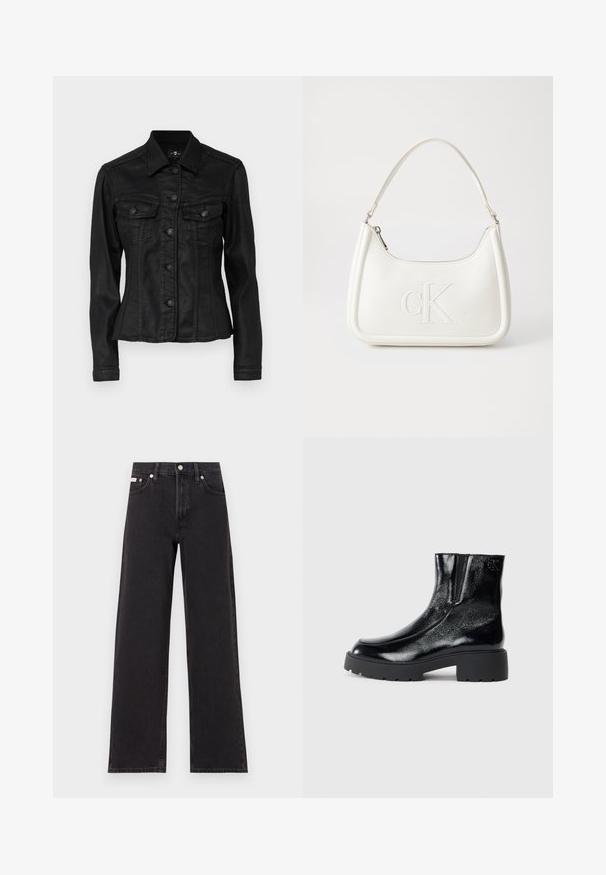 Svart denimjakke med en tett design, to brystlommer og knappestenging. Har en klassisk krage og synlige sømdetaljer.; Sort bomull t-skjorte med rund hals, korte ermer, og blå brodert "Calvin Klein JEANS" logo på forsiden.; Svart bredbente jeans laget av denim, med høy livvidde, fem lommer, og metallknapp med kontrasterende søm.; Svarte ankelstøvler med en blank lakkfinish, kraftig svart gummisåle og hevet hæl; inkluderer subtile logo-detaljer på siden.; Hvit lærveske med en buet fasong, med et preget "CK"-logo på forsiden og en enkel skulderstropp. Glidelåslukking på toppen.