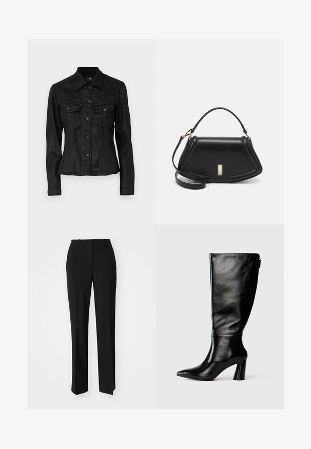 Czarna kurtka dżinsowa o dopasowanym kroju, z dwiema kieszeniami na piersi i zapięciem na guziki. Posiada klasyczny kołnierz i widoczne detale odszycia.; Biała bawełniana koszulka z krótkim rękawem, okrągłym dekoltem i subtelnie wytłoczonym logo Calvin Klein na przodzie. Gładka tekstura, klasyczny krój.; Czarne spodnie o dopasowanym kroju z prostymi nogawkami, o gładkiej fakturze i wyraźnych zagięciach z przodu. Bez widocznych elementów metalowych.; Czarny skórzany but do kolan z ostro zakończonym noskiem, gładką fakturą i grubym obcasem. Posiada zamek z tyłu.; Czarna skórzana torebka o strukturalnym designie, z przyciętą formą, górnym uchwytem i złotymi akcentami. W zestawie regulowany pasek na ramię.