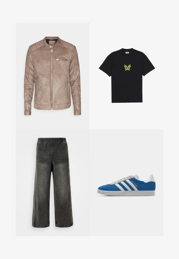 Jaqueta de camurça castanha com gola alta, fecho de zíper e realces em ribana nos ombros. Apresenta um bolso frontal com zíper e bolsos laterais com zíper.; T-shirt de algodão preto com um pequeno gráfico de borboleta em padrão de chama amarela no peito. Decote redondo, mangas curtas.; Calças de denim preto lavado com cintura elástica e pernas largas, apresentando detalhes de costura vertical subtis nas laterais.; adidas Originals ADIDAS GAZELLE SHOES - Botas de futebol de salão - real madrid/bluebird/footwear white/crew yellow