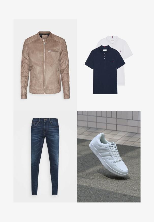 Giacca in suede marrone con collo alto, chiusura con zip e spalline a coste. Presenta una tasca frontale con zip e tasche laterali con zip.; Due polo shirt: uno blu navy e uno bianco, entrambi con un piccolo accento rosso, bianco e blu sulla tasca del petto e sul colletto.; Jeans in denim blu scuro con vestibilità slim, leggero sbiadito, cinque tasche e chiusura con bottone in metallo. Dettagli cuciti in un colore a contrasto.; Sneaker sportivo bianco con tomaia in pelle liscia, chiusura con lacci, punta perforata e suola decorata. Design minimalista con tre strisce laterali.