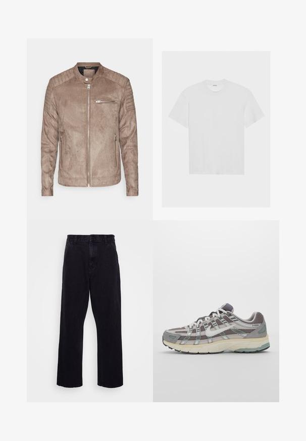 Ruda veliūrinė striukė su stovinčiu apykakle, užtrauktuku ir giliomis petčių detalėmis. Yra priekinis užtrauktukas ir šoniniai užtrauktukų kišenės.; Balta medvilninė marškinė su trumpomis rankovėmis, apvaliu iškirpimu ir laisvu siluetu. Sklandus paviršius be matomų raštų ar akcentų.; Juodi džinsiniai kelnių modeliai su tiesia kojų forma, turintys sagą ir užtrauktuką, diržo kilpos ir minimalūs siuvimo detalės.; Pilkas sportinis batas su tinklu ir zomšos viršutine dalimi, baltomis detalėmis, paminkštintu padu ir išskirtiniu dizainu su atspindinčiais elementais.