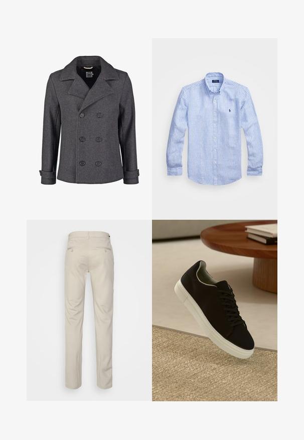 Szürke gyapjú kabát dupla gombolással, nagy hajtókákkal és fekete gombokkal. Az ujjak részletének kiemelkedő jellemzője és texturált szövet borítása van.; Kék és fehér csíkos, hosszú ujjú pamut ing, gombos gallérral, elől gombokkal és egy kis hímzett logóval a mellkason.; Beige nadrág sima felülettel, egyenes szabással, két gombos hátsó zsebbel és normál derékrésszel.; Fekete sneakers fehér talppal lebeg egy bézs textúrájú szőnyeg felett, egy kerek fából készült asztal közelében, rajta egymásra pakolt könyvekkel.
