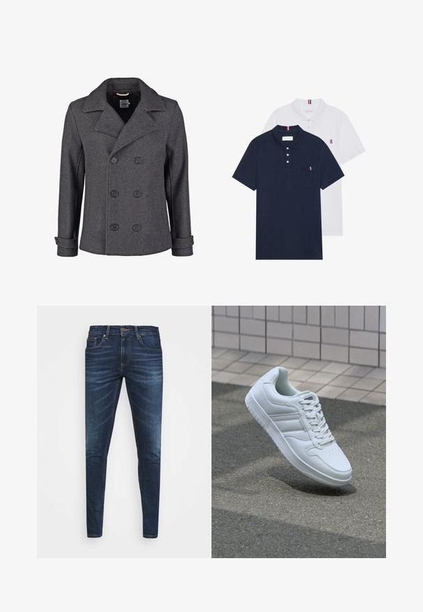 Pilkas vilnonis puspalčio paltas su dvigubos sagos dizainu, didelėmis apykaklėmis ir juodomis sagomis. Yra rankovių detalės ir tekstūruoto audinio apdaila.; Du keturių marškiniai: vienas tamsiai mėlynas ir vienas baltas, abu su mažais raudonais, baltais ir mėlynais akcentais ant krūtinės kišenės ir apykaklės.; Tamsiai mėlynos džinsinės kelnės su liesu siluetu, subtiliu nusidėvėjimu, penkiomis kišenėmis ir metaliniu mygtuku užsegimui. Įsiūtos akcentai kontrastinga spalva.; Baltos sportinės kedai su lygaus odos viršumi, raišteliais priekyje, perforuotu kojų pirštu ir raštuotu padu. Minimalistinis dizainas su trimis šoninėmis juostelėmis.