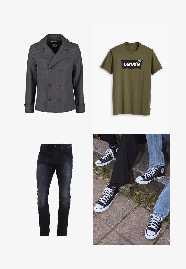 Abrigo de lana gris tipo pea coat con diseño de doble botonadura, grandes solapas y botones negros. Presenta detalles en los puños y un acabado de tela texturizada.; Camiseta de algodón verde oliva con un gran logotipo negro de Levi's en una forma semicircular contrastante en el pecho. Corte regular.; Vaqueros ajustados de un azul oscuro con un ligero desgastado en los muslos y las rodillas, que cuentan con bolsillos frontales, pasadores para cinturón y cierre de botón.; Zapatillas de lona negras de caña alta con suelas y cordones de goma blanca, con un logo circular en el lado, combinadas con unos pantalones de mezclilla y negros.