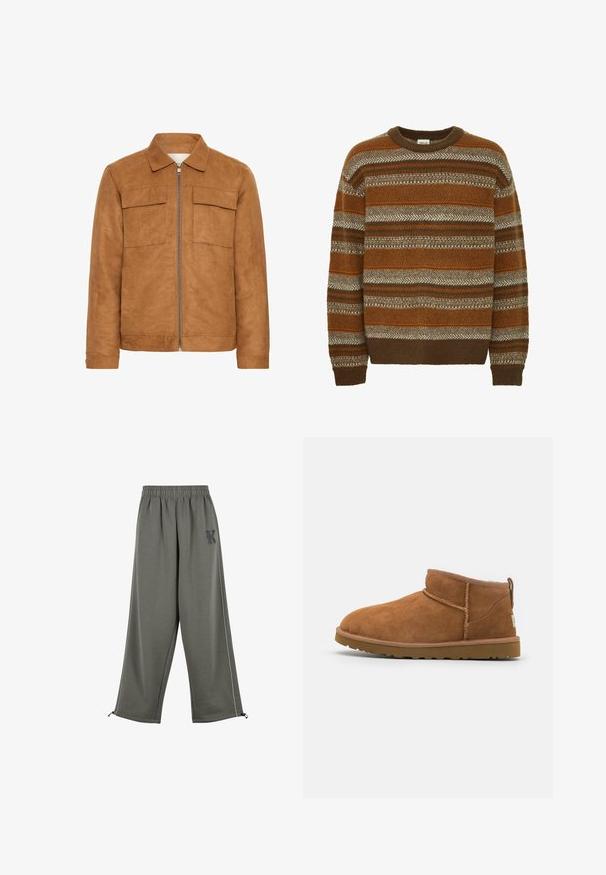 Jachetă din suede maro, cu guler, două buzunare frontale și un fermoar central. Are o textură netedă și o siluetă relaxată.; Solid SDMAXWELL - Pulover - slate black; Karl Kani KK OS SIDESTRIPE - Pantaloni - grey; Botină antrenașă din suede bej, cu vârf rotund, detalii subtile de cusătură și o talpă din cauciuc texturată. Înălțime scurtă fără șireturi.