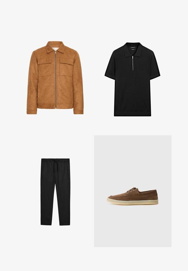 Hnědá semišová bunda s límcem, dvěma předními kapsami a centrálním zipem. Má hladkou texturu a uvolněný střih.; Černé polo tričko s krátkým rukávem, stojatým límečkem a předním zipem. Vyrobeno z hladké tkaniny s čistým, minimalistickým designem.; Massimo Dutti JOGGER FIT - Kalhoty - black; Hnědé semišové boty s nízkým profilem, šněrovacím designem, gumovou podrážkou a kontrastními švy. Jednoduchý a funkční styl.