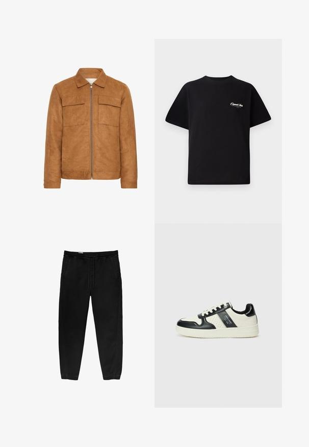 Giacca in suede marrone con colletto, due tasche frontali e zip centrale. Presenta una texture liscia e una silhouette rilassata.; T-shirt in cotone nero con scollatura rotonda, maniche corte e piccolo testo del logo bianco sul lato sinistro del petto. Design semplice, vestibilità classica.; Pantaloni neri con cintura elastica e coulisse, gamba affusolata, tasche laterali e sottili dettagli di cucitura laterale. Tessuto in cotone morbido.; Sneakers in pelle con una combinazione di colori nero e crema, dotati di dettagli perforati, collare imbottito e suola testurizzata.