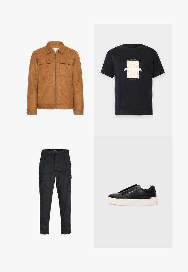 Svetlosrno rjav suede jopič s ovratnikom, dvema sprednjima žepoma in centralnim zadrgo. Ima gladko teksturo in sproščen silhuet.; Črna bombažna majica s krožnim izrezom. Ima bež pravokoten grafični vzorec in belo besedilo "JAWO," sredi spredaj. Kratke rokave.; Črne cargo hlače iz trdnega blaga, ki imajo več žepov, gumbasto zapiranje in ozek kroj z zožanimi nogami.; Črne slip-on športne čevlje z teksturiranim usnjenim zgornjim delom, belim gumijastim podplatom in brez vidnih vezalk. Na strani je logotip blagovne znamke.