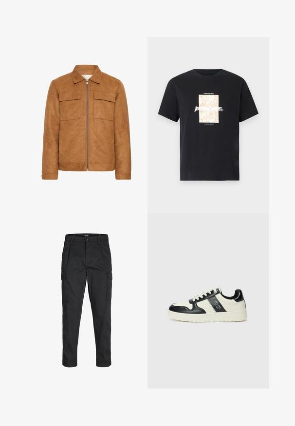 Brun mockakjol med krage, två framfickor och en central dragkedja. Har en mjuk textur och en avslappnad silhuett.; Svart bomullströja med rund hals. Har en beige rektangulär grafik och vit text, "JAWO," centrerad på framsidan. Kortärmad.; Svarta cargobyxor tillverkade av hållbart tyg, med flera fickor, knappstängning och en smal passform med avsmalnande ben.; Läder sneakers med en svart och krämfärgad färgsättning, med perforerade detaljer, en vadderad krage och en strukturerad yttersula.