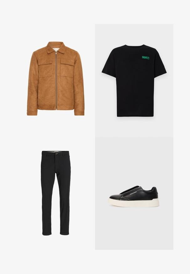 Barna velúr dzseki, gallérral, két elülső zsebbel és középső cipzárral. Simává varázsolt textúrával és laza szabással rendelkezik.; Fekete, pamutból készült póló rövid ujjakkal. Elöl zöld "ROOTS" logóval, kerek nyakkivágással és normál szabással.; Fekete pamut keverék nadrág, slim fit szabással, gombos záródással, zsebekkel és felgöngyölt szárakkal a laza végeredményért.; Fekete slip-on sneaker, textúrált bőrfelsővel, fehér gumitalppal és láthatatlan fűzőkkel. Az oldalon a márka logója található.