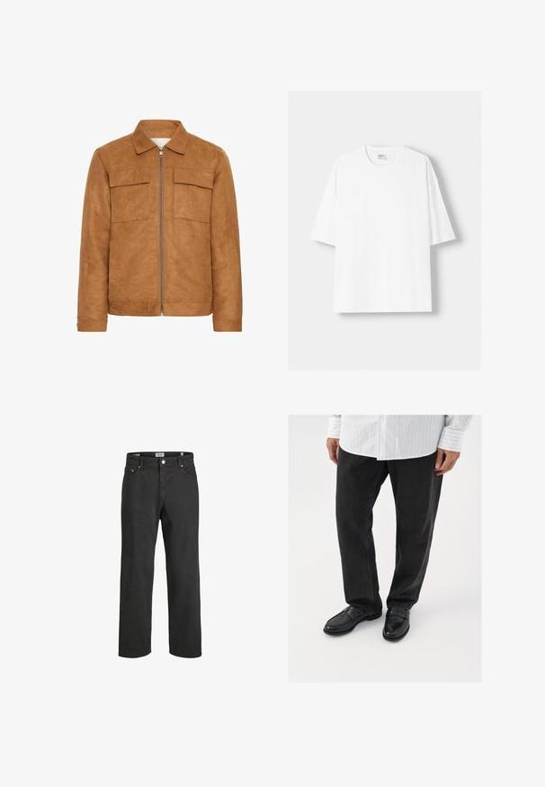 Barna velúr dzseki, gallérral, két elülső zsebbel és középső cipzárral. Simává varázsolt textúrával és laza szabással rendelkezik.; Fehér, rövid ujjú pamut póló, kerek nyakkivágással és laza szabással. Simább textúra, látható minták vagy díszítések nélkül.; Fekete egyenes szabású farmernadrág, pamutból készült, klasszikus öt zsebes dizájnnal, gombos záródással és visszafogott varrási részletekkel.; Fekete farmernadrág fényes fekete loaferekkel párosítva. Az ing fehér, vékony függőleges csíkokkal, hosszú ujjú és gombos gallérral.