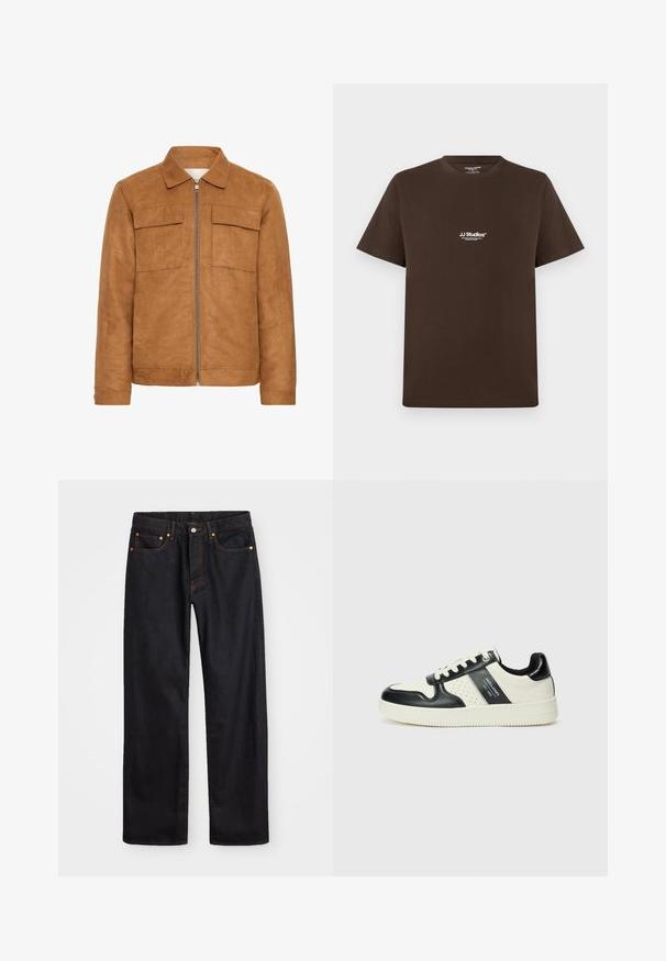 Brun semsket skinnjakke med krage, to frontlommer og en sentral glidelås. Har en jevn tekstur og en avslappet silhuett.; Brun bomull t-skjorte med korte ermer, rund hals og en liten hvit logo på brystet. Glatt tekstur og vanlig passform.; Men's straight-leg svarte denim jeans med fem lommer og oransje søm, knapp og glidelås lukking foran på midjen.; Lædersneakers med sort og creme farveskema, der har perforerede detaljer, en polstret krave og en struktureret ydersål.
