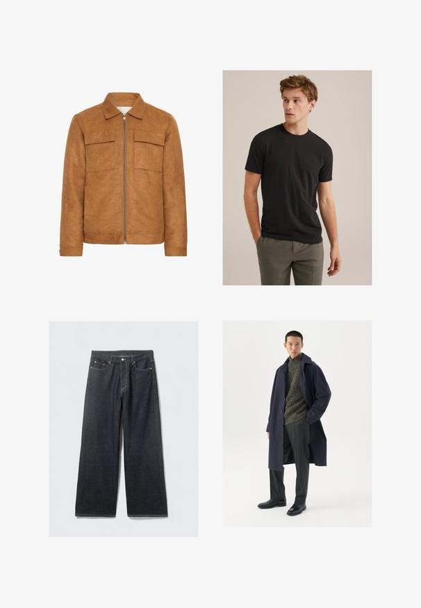 Brun ruskindjakke med krave, to forlommer og en central lynlås. Har en glat overflade og en afslappet silhuet.; Ung mand med krøllet lysebrunt hår iført sort kortærmet t-shirt og grå bukser, ser mod venstre med hænderne i lommerne.; Mørke denim brede bukser med høj talje, med kobberfarvede nitter og kontrastsyning, glat tekstur og uden synlige mønstre.; Marinefrakke med knaplukning, grøn tekstureret sweater, sorte bukser og sorte læderstøvler. Glat stof med struktureret silhuet.