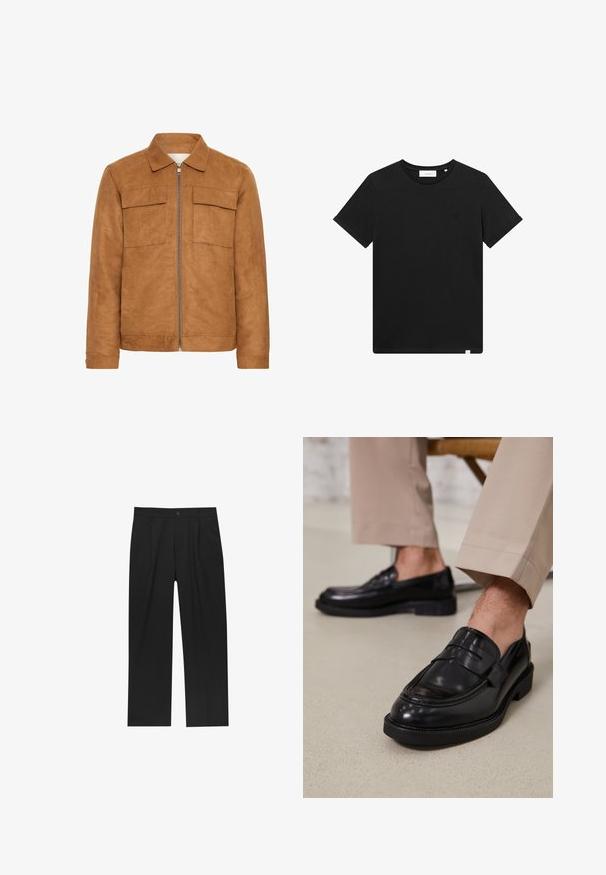 Brun ruskindjakke med krave, to forlommer og en central lynlås. Har en glat overflade og en afslappet silhuet.; Sort kortærmet T-shirt lavet af bomuld, med rund hals og et lille logo broderet på brystet. Glat tekstur, standard pasform.; Sorte bukser med lige ben, lavet af et glat stof. Har frontfolder og en enkelt knaplukning i taljen.; Sorte lædermokkasiner med en glat overflade, der har en dekorativ rem og kontraststing, parret med beige bukser.