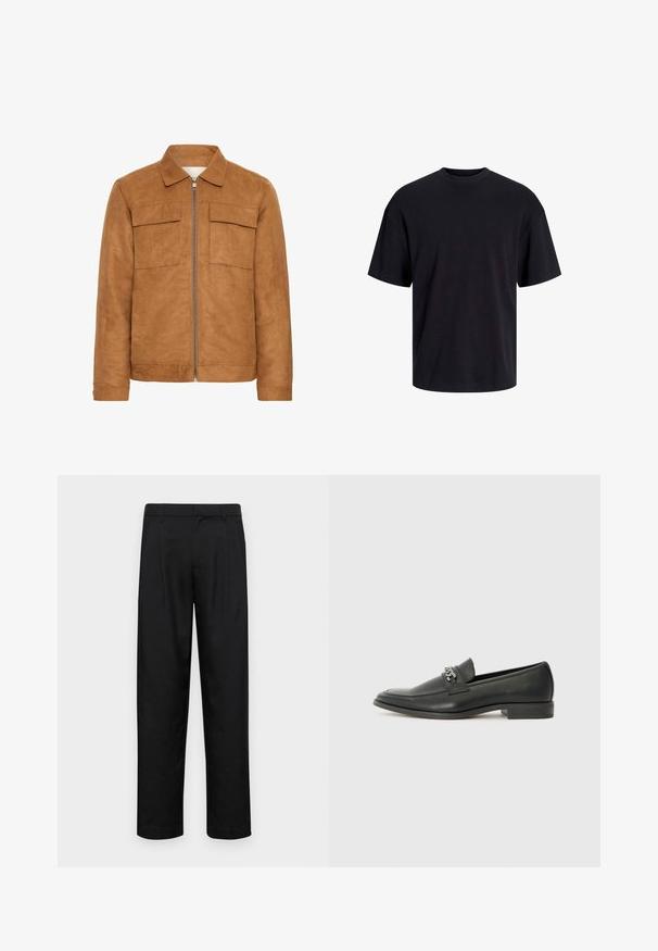 Bruine suède jas met een kraag, twee voorzakken en een centrale rits. Heeft een zachte textuur en een relaxte silhouet.; Zwarte katoenen t-shirt met een ronde halslijn, korte mouwen en een relaxte pasvorm. Glad textuur en geen zichtbare patronen of accenten.; Zwarte broeken van gladde stof, met een recht model, twee voorknikken en een standaard tailleband met riemlussen.; Zwarte leren instapper met een gladde afwerking, voorzien van een gestikt ontwerp en een decoratieve metalen kettingaccent over de wreef. Platte hak.