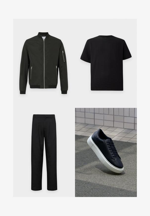 Black bomber jacket with front zipper, two side zip pockets, zippered pocket on the left sleeve, ribbed collar, cuffs, and hem.; Black short-sleeve T-shirt made of textured fabric, featuring a round neckline and a relaxed fit. Simple, no patterns or accents.; Black trousers made of smooth fabric, featuring a straight-leg design, two front pleats, and standard waistband with belt loops.; Black leather sneaker with rounded toe and white rubber sole. Features flat laces and minimal stitching on the upper. Textured sole for grip.