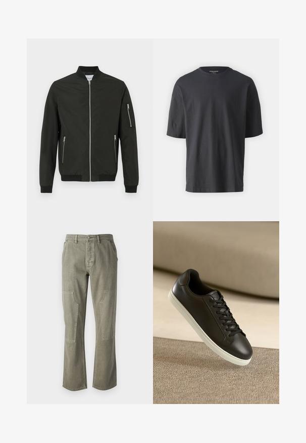 Musta pommitakki etuvetoketjulla, kaksi sivupoketista vetoketjulla, vetoketjullinen tasku vasemmassa hihassa, ribattu kaulus, hihansuut ja helma.; Mustat lyhythihaiset t-paidat, jotka on valmistettu puuvillasta. Paidassa on pyöreä pääntie ja rento leikkaus. Ei kuvioita tai korostuksia näkyvissä.; Oliivinvihreät puuvillahousut, joissa on suora lahje malli, varustettuna ribbauskoristeilla läpipistopusseissa ja kontrastivärisellä ompelulla.; Mustat nahkaiset lenkkarit valkoisella kumipohjalla ja mustilla nauhoilla, aseteltuna vaaleanbeigejän kankaan pinnan ja taustan päälle.