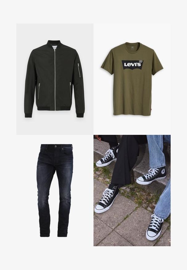 Svart bomberjacka med framdragkedja, två sidofickor med dragkedja, ficka med dragkedja på vänster ärm, ribbad krage, muddar och nederkant.; Olivgrön bomullst-shirt med en stor svart Levi's-logotyp i en kontrasterande halvbåge över bröstet. Normal passform.; Mörkblå slim-fit jeans med lätt blekning på låren och knäna, med framfickor, bältesloopar och knappstängning.; Svarta högtopps kanvasskor med vita gummisulor och snören, med en cirkulär logotyp på sidan och kombinerade med jeans och svarta byxor.