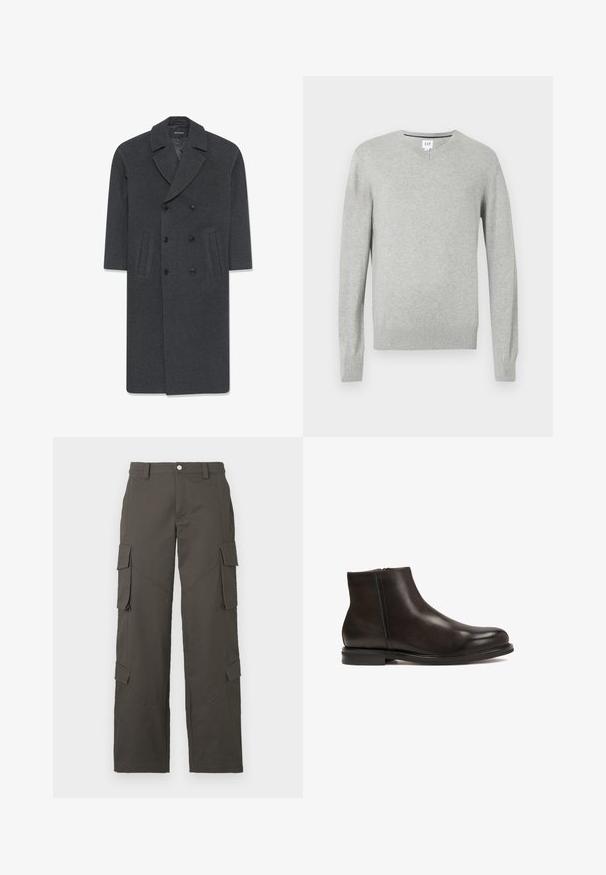 Pilkas vilnonis dublis su užsukamu apykakle, dviem priekinėm kišenėm ir mygtukų uždarymu. Lygus paviršius ir pritaikytas dizainas.; Šviesiai pilka megztinis, V formos iškirptė, ilgomis rankovėmis, su nubrauktais rankogaliais ir apačia, minkšta tekstūra. Prekės ženklas pažymėtas ant kaklo.; Balta medvilnė marškinėliai su apvalia iškirpte, trumpomis rankovėmis ir laisvu siluetu. Lygus audinys, be raštų ar puošmenų.; Tamsiai pilki tiesaus kirpimo cargo džinsai su mygtuko uždarymu ir keturiomis kišenėmis su dangteliu, dvi ant šlaunų ir dvi šalia blauzdų.; Juodos odinės kulkšninių batai su glotnia faktūra, apvalia nosimi ir žemu kulnu. Yra šoninė užtrauktukas, kad būtų lengviau užsidėti.