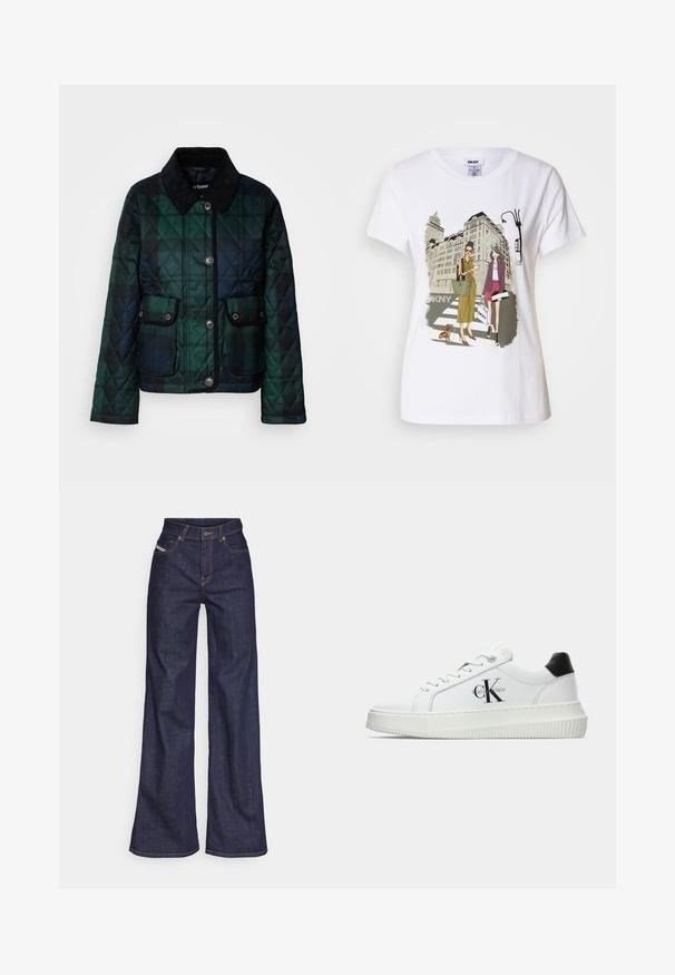 Tűzött kabát sötétzöld árnyalatokban, galléros nyakkal, gombos elülső résszel és két elülső zsebbel, amelyek patenttal záródnak.; Fehér pamut póló, amelyen nyomtatott illusztráció látható két nő városi divatstílusban, egy kutyával a zebrán és városi épületekkel a háttérben.; Sötétkék, bő szárú farmernadrág, magas derékkal, narancssárga varrással, öt zsebes kialakítással és gombos zárással.; Fehér alacsony szárú edzőcipő fekete saroktabbal, platform talppal, fűzőkkel és Calvin Klein "CK" logóval az oldalán.