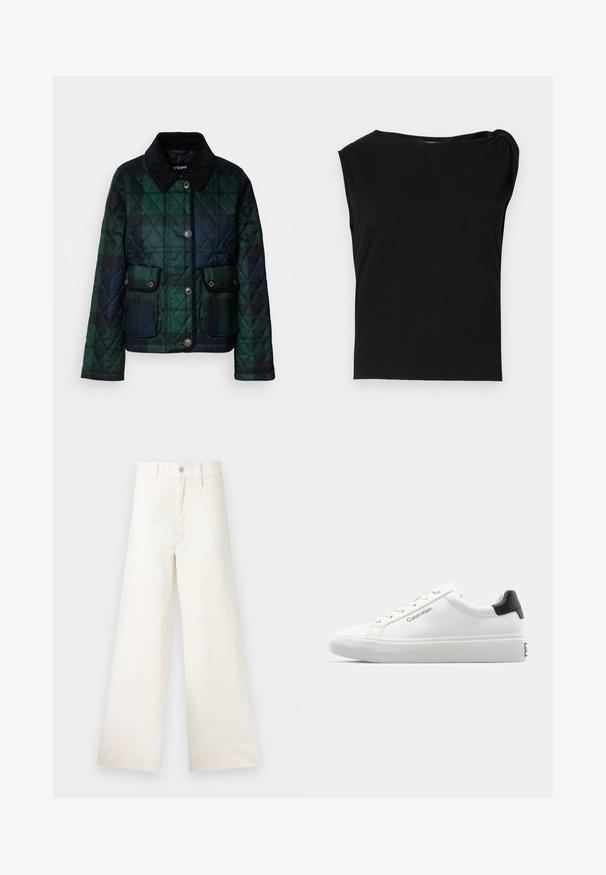 Quilted jacket in dark green tones, featuring a collared neck, button front, and two front pockets with snap closures.; Black short-sleeve top made of smooth fabric. Features a round neckline and draped detail on the shoulder. Simple, fitted design.; Wide-leg trousers in light beige cotton. Features a high waist, front pockets, and a straight cut. Clean hem finishing without patterns.; White sneaker with a smooth finish, black heel accent, and lace-up design. Features "Calvin Klein" branding on the side. Minimalist style.